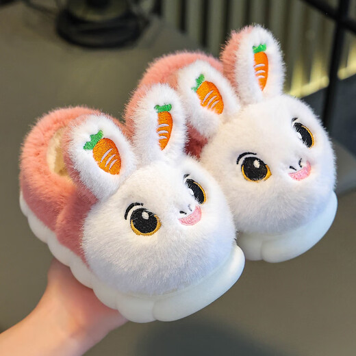 Yi Cong children's cotton slippers for boys and girls in autumn and winter indoor warm plush home shoes for children, cute baby cotton shoes for winter, blue carrot rabbit, size 22-23, inner length 13.5, about 1-2 years old, small size