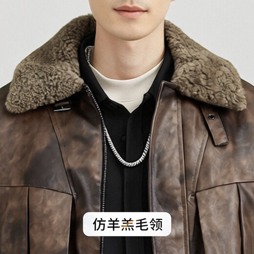 Rich collar 100% sheep wool filled men's leather jacket winter lapel quilted warm retro rub color PU leather jacket for men