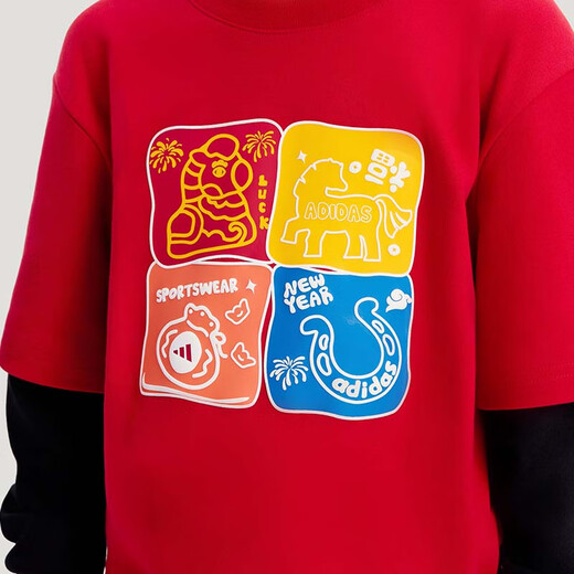 Adidas Children's Clothing 26 New Year's Boys' Round Neck Red Sweatshirt Medium and Large Children's Fake Two-piece Sports Pullover KV6980