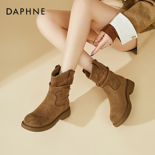 DAPHNE Daphne Retro Velvet Warm Short Boots Women's New Winter Western Cowboy Boots Slim Women's Boots Winter Caramel Color Velvet Heel Height 4cm 35 (225mm) Standard Size