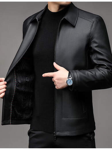 KBXNG Rimula autumn and winter buckskin lapel zipper genuine leather men's leather jacket plus velvet dad casual jacket 9202 black lapel single leather model RJ9202 9202 M 170 (110-125Jin Jin is equal to 0.5 kg)