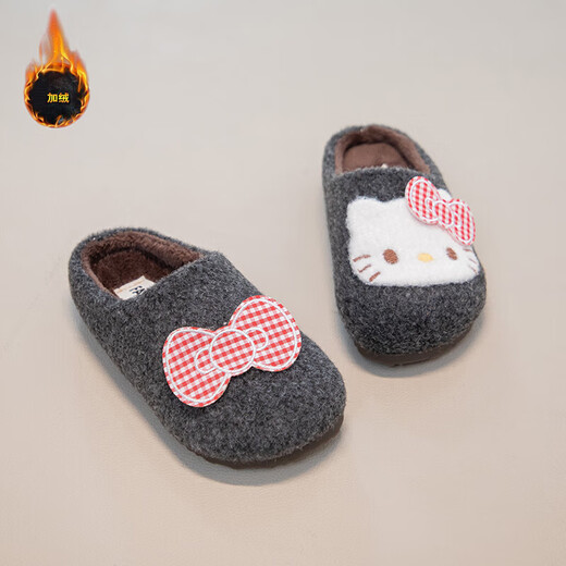 Girls' Cute KT Cat Cartoon Baotou Slippers for Outerwear 2025 Winter New Woolen Birkenstock Shoes and Cotton Slippers Dark Gray (Photographed by Inner Length) 29 Inner Length 18cm