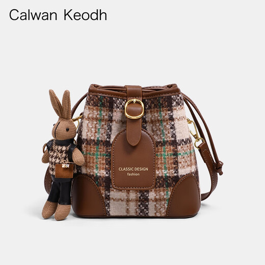 CALWAN KEODH包包女包2025新款斜挎包高级感通勤单肩水桶包生日元旦礼物送女友 【咖色】轻奢时尚百搭格纹包实用走心女生闺蜜