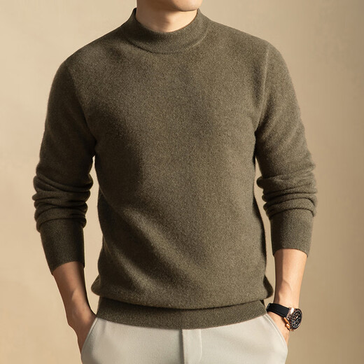 DVW男士羊毛衫秋冬半高领长袖含牦牛绒纯色打底针织老钱风毛衣 高端烟叶棕 M 适合100-120斤	
