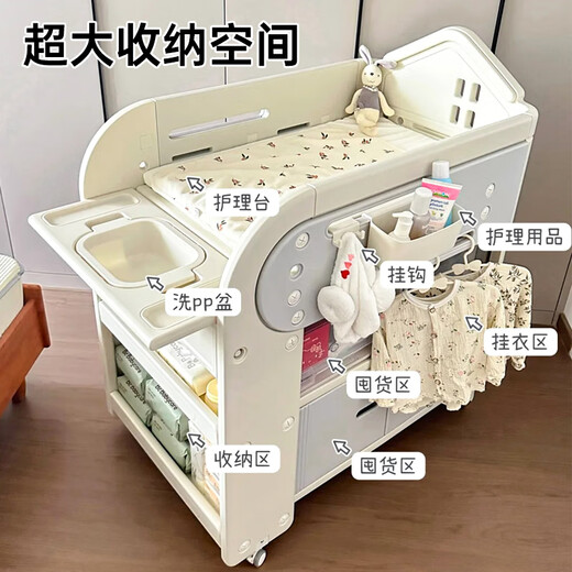 Diaper table, baby care table, newborn crib, multifunctional mobile diaper changing and toddler bathing table, storage hanging basket, multifunctional nursing table + partition hanging basket + silicone mat