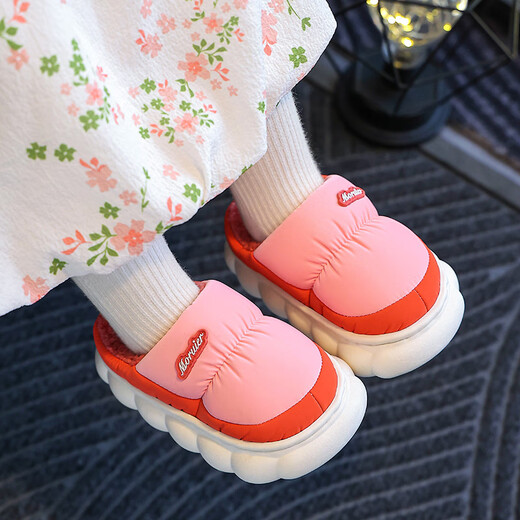 ABCTX winter children's cotton slippers bag with parent-child cotton shoes, big children's warm plus velvet thickened non-slip waterproof shoes for home pink slippers 24 25 yards inner length 15cm 2-3 years old