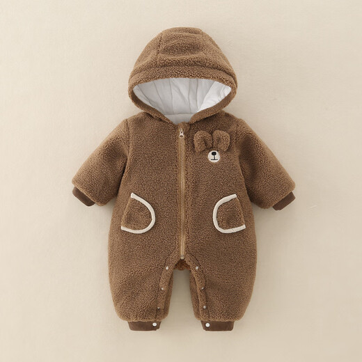 Disney (Disney) baby autumn and winter rompers for boys, thickened lamb wool clothes, baby thin cotton outing clothes, hooded open crotch jumpsuit, khaki color 36cm 66