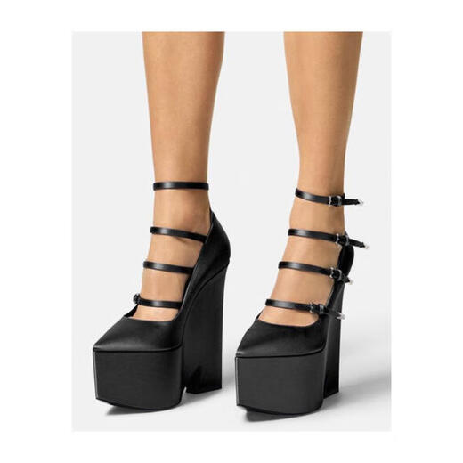 Versace (VERSACE) women's waterproof platform high heels waterproof platform increased stable support lightweight pointed thick bottom adjustable buckle black 38.5