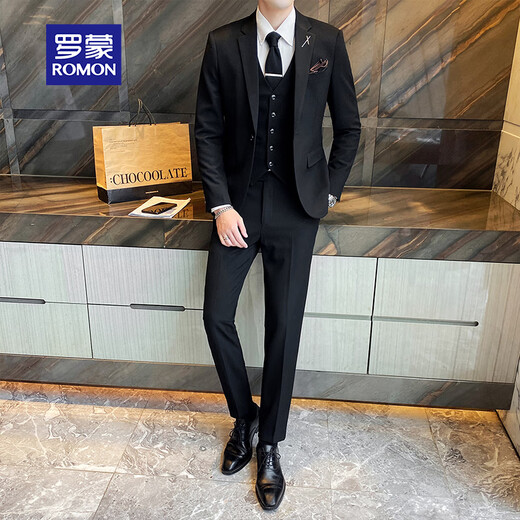 ROMON suit men's three-piece high-end tailoring business slim professional formal wedding dress jacket black 2XL
