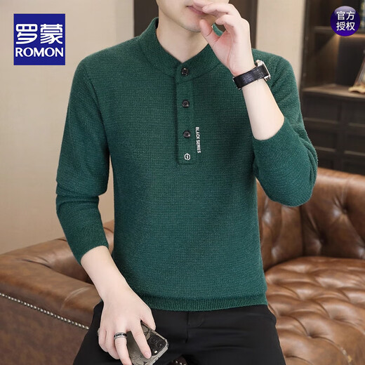 ROMON button sweater men's winter new velvet thickened wool knitted bottoming shirt men's Henry collar warm top Khaki M Recommended 90-100Jin Jin equals 0.5 kg
