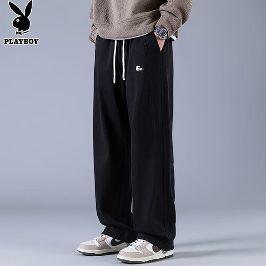 Playboy (PLAYBOY) pants men's casual pants men's autumn and winter high-end wide-leg loose straight sports scimitar sweatpants black 3XL