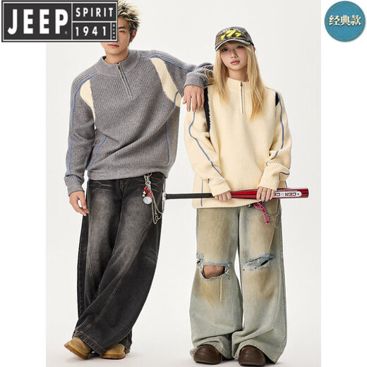 JEEP SPIRIT couple's clothing autumn and winter American retro splicing contrast sweater Henry collar half zipper warm sweater men's and women's jacket heather gray M