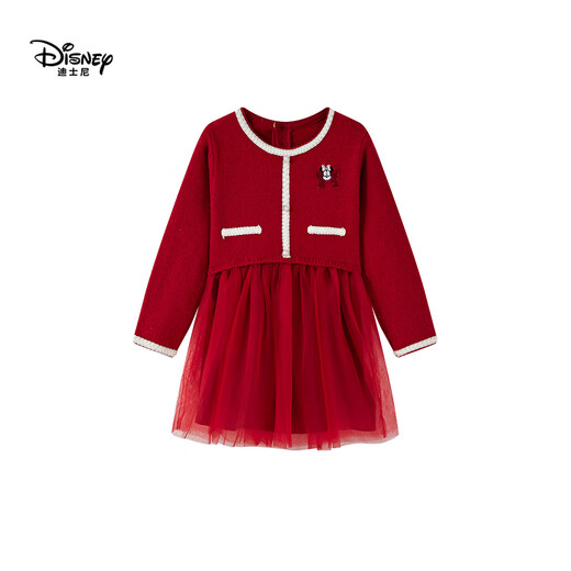Disney red dress for children, autumn and winter new year clothes, New Year's princess dress, French style small fragrance splicing mesh skirt