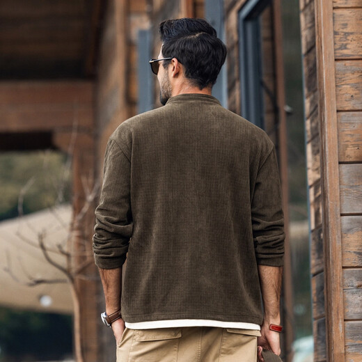 Jay Leno American retro heavyweight sweatshirt men's autumn and winter thickened fake two-piece European velvet men's t-shirt loose henley shirt men's khaki green 400g heavy M suitable for 100-120Jin Jin equals 0.5 kg