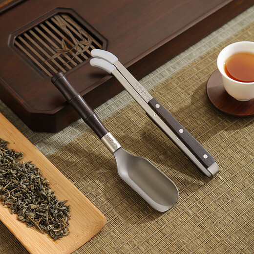 Bifa pure titanium tea clip tea spoon tea making tools tea set accessories high-end ebony tea cup tweezers cup washing holder tea set Ebony wood combined with pure titanium - curved handle tea clip + bamboo handle tea spoon