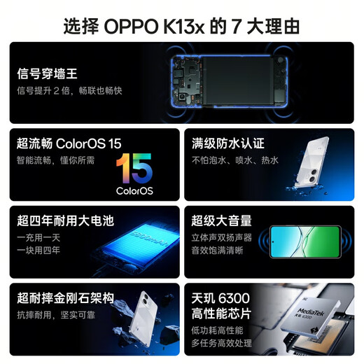 OPPO K13x 5G, the new thousand-yuan performance miracle machine, the king of signal penetration, super smooth ColorOS 15 IP69 dustproof and waterproof mobile phone, new product launch, black 8GB+256GB