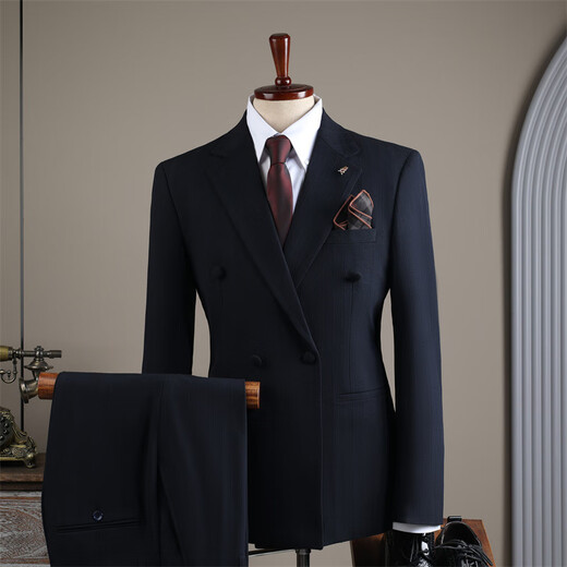 Xixi Shishi suit autumn and winter suit men's double-breasted striped suit men's suit casual groom black (suit + trousers) XL 52 (125-135Jin Jin equals 0.5 kg)