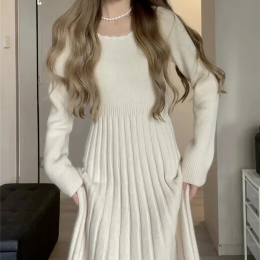 Muni long sweater knitted dress women's autumn clothing 2025 new autumn wear complete set of popular popular long skirts long-sleeved knitted sweater dress - apricot one size fits all 80-120 Jin Jin is equal to 0.5 kg