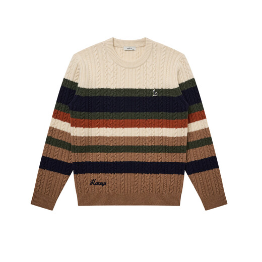 HAZZYS Men's Winter Crew Neck Sweater Knitted Contrast Striped Cable Wool Sweater Men ABYZD0CDD47 Cream CR L (175/96A 48)