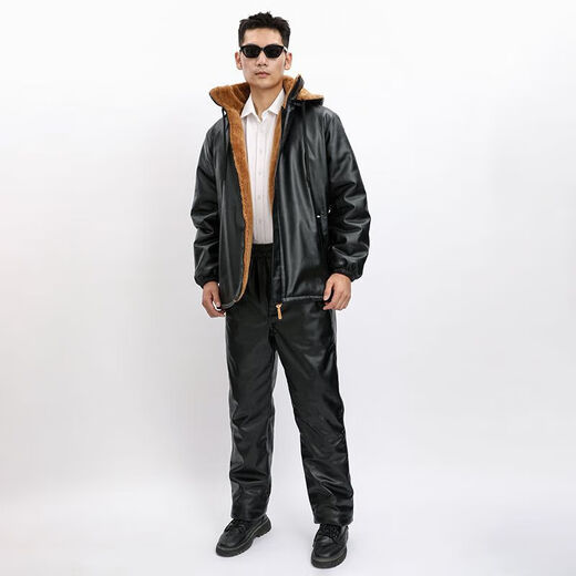 Zhiyunyan leather jacket and leather trousers suit plus velvet and thickening to keep warm, waterproof, oil-proof, windproof and cold-proof, take-out driver's labor insurance set 4XL 165-190Jin Jin equals 0.5 kg