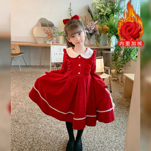 Anneyol girls autumn and winter dress 2026 new autumn and winter little girl princess dress autumn children's long-sleeved skirt red velvet 130
