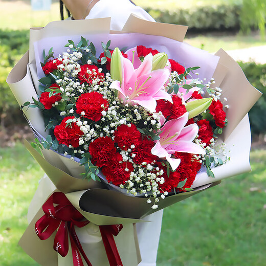 Xinyi Flower Express Roses and Carnations Bouquets as Gifts for Mom and Elders Nationwide Flower Delivery in the City 19 Carnations and Lilies Mixed and Matched Bouquets in Gypsophila Style