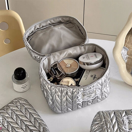 Yusenyi Cosmetic Bag Women's High-End Ins Style Cosmetic Storage Bag Large Capacity Portable Travel Toilet Bag Bright Silver Hand-Hex-Hexagonal Bag Wrinkle Fashionable