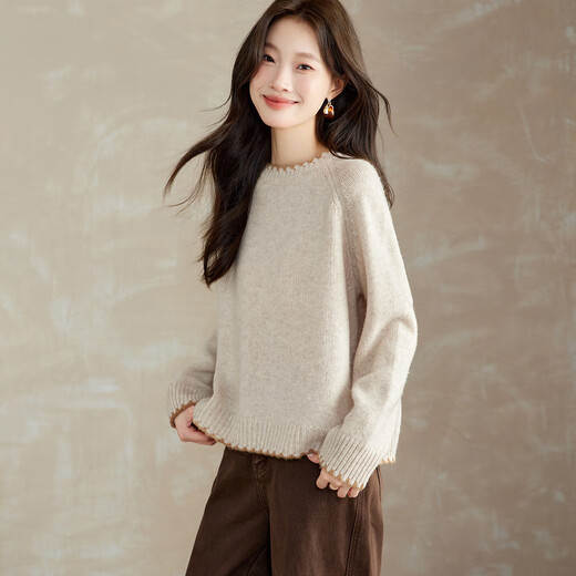 Shexi (Srcr) 100% wool sweater 430g thick loose sweater women's bottoming autumn and winter lazy contrast color knitted top