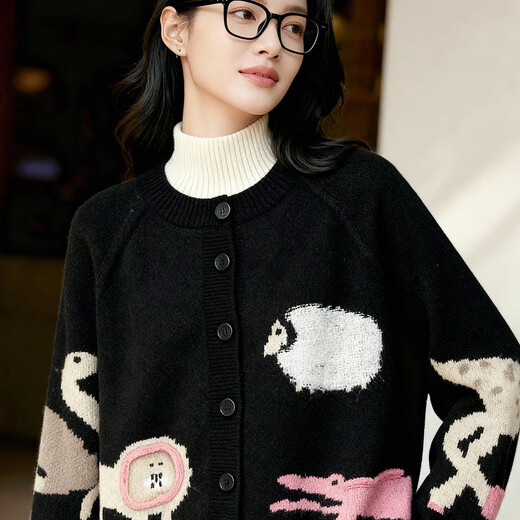 Basic House Basic House/Baijiahao sheep wool knitted cardigan for women autumn fun animal jacquard loose sweater jacket black M