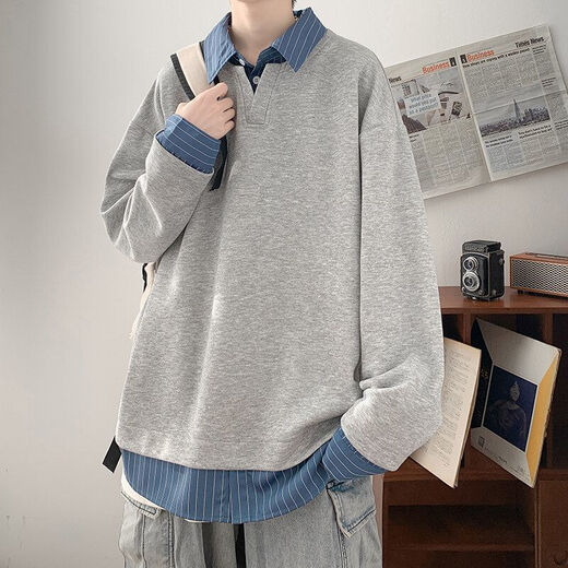 NAOISKEY Naoski design Korean loose fake two-piece Henry collar sweatshirt men's trendy shirt splicing no-iron shirt retro 1/2 JYM11 gray XL recommended 130-150Jin Jin equals 0.5 kg