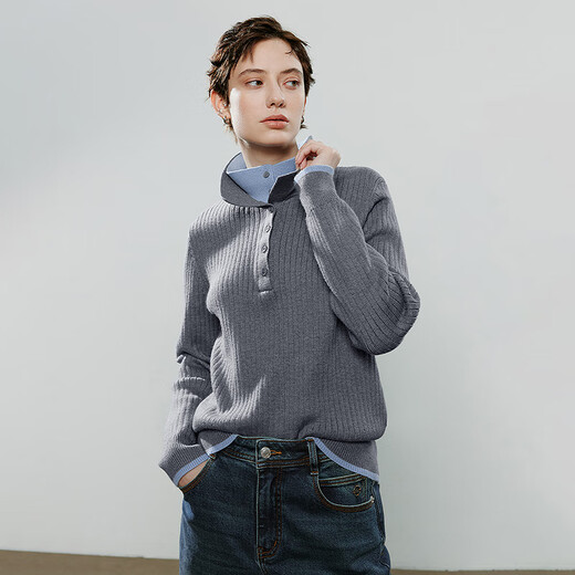 
Chuyu Sweater Women's 2025 Autumn New Contrast Color Spliced ​​Fake Two-Piece Australian Silk Cotton Wire Knit Top Gray M