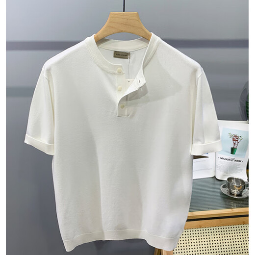 White mercerized cotton ice silk knitted henley shirt for men cool breathable slim short-sleeved sweatshirt half-button henley collar t-shirt cool silk knitted henley shirt white 3XL