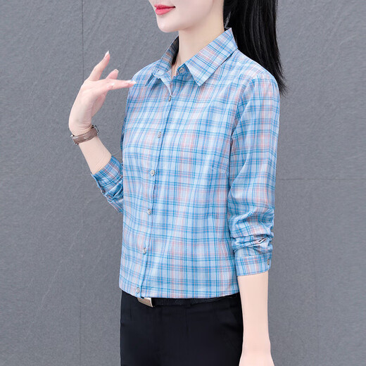 Pure cotton plaid shirt women's spring and autumn new middle-aged mother style long-sleeved temperament lapel slim top light blue 3XL 136-145