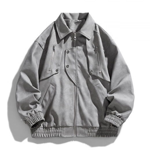 Classic car lapel retro leather jacket men's washed PU leather handsome American casual motorcycle jacket dark gray M