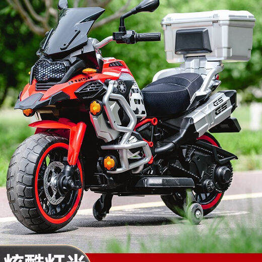 HKDA super large children's electric motorcycle double double seat male and female baby adult and child double rechargeable toy car China red (strong power + auxiliary wheels) 570 motor 12v14 battery + leather seat soft tire