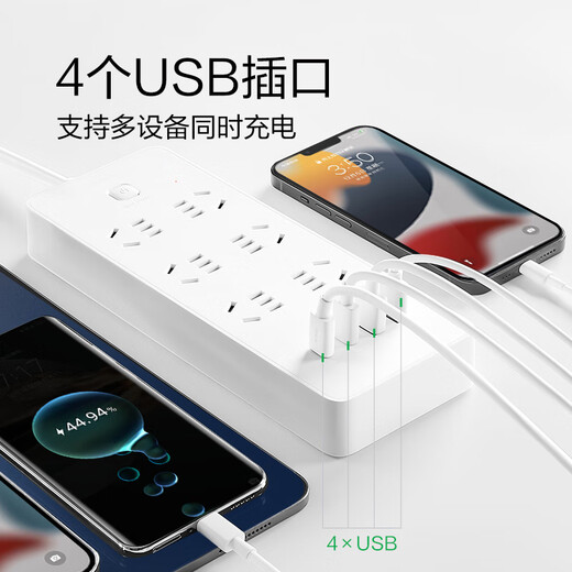 BULL Xiaobai Fast Charging Series Socket Converter Smart USB TYPE-C Port Terminal Board Socket Strip 20W Fast Charging | Six Positions and Five Holes | 1.8 Meters U1206
