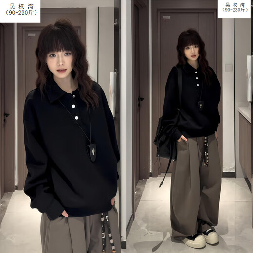 Wu Quanwan cleanfit black henley collar shoulder sweatshirt for men and women, long-sleeved polo shirt, American heavyweight inner layering shirt, black upgraded version black upgraded version M