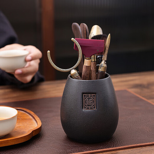 Haofeng Tea Ceremony Six Gentlemen Set Tea Clamp Tea Spoon Pot Holder Pen Storage Pen Holder Porcelain Tea Set Accessories New Year Gift Black Pottery Yuanrong Tea Ceremony Bucket