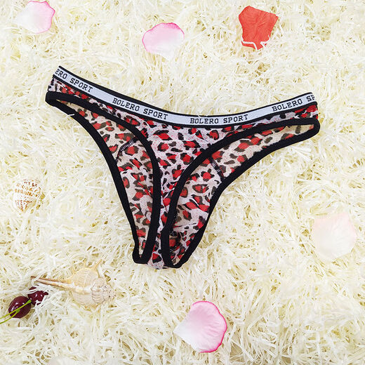 Men's sexy leopard print underwear men's low-waist transparent mesh breathable thong youth summer pure lust style thong red M