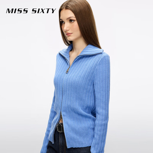 MISS SIXTY2025 new winter knitted jacket women's lapel two-way zipper wool blended twist sweater sky blue S