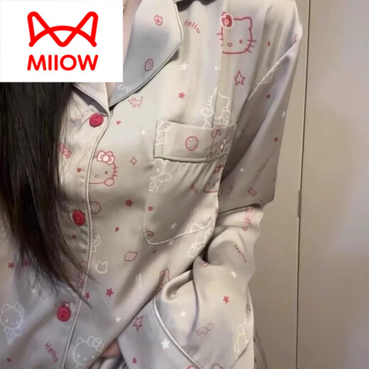猫人（MiiOW）2025年夏季新款凯蒂猫睡衣女士长袖长裤开衫家居服两件套装新 834-3#双长黑色KT猫 XL