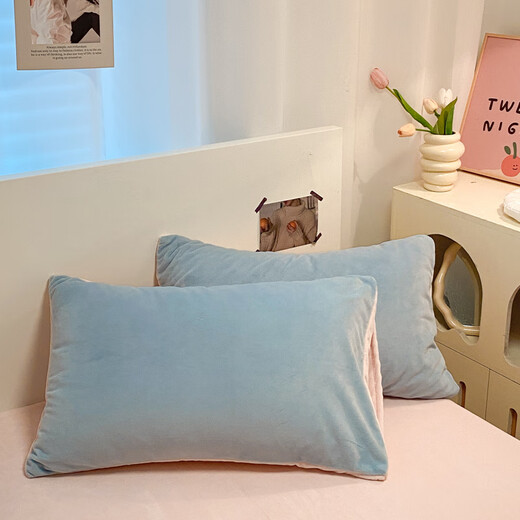 Nanjiren milk velvet four-piece winter thickened warm bed sheet and quilt cover bedding dormitory single solid color velvet set baby blue + pink jade double-sided warm velvet thickened and warm 2.0m bed sheet style four-piece quilt cover 220x240cm
