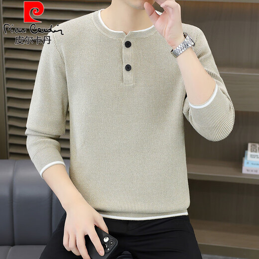 Pierre Cardin autumn and winter new Henry collar button sweater men's casual jacquard pullover fake two-piece sweater trendy apricot M 90-105Jin Jin is equal to 0.5 kg