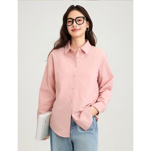 Inman Simple Commuting Casual Spring Women's Loose Classic Retro Long Sleeve White Shirt Top Leather Pink M