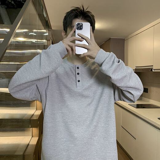 Madisa autumn new Henry collar long-sleeved T-shirt men's versatile retro T-shirt casual sports top ee light gray M