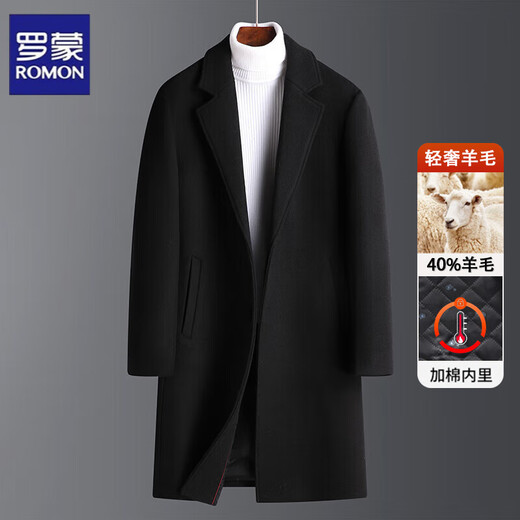 ROMON woolen coat men's mid-length 2025 new Korean style autumn and winter thickened woolen loose coat windbreaker winter style black cotton XL
