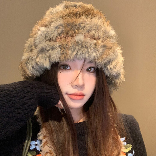 Perfect rabbit fur knitted plush hat for women in autumn and winter, big head circumference, small face, small woolen fisherman hat, cold-proof and warm fur hat, khaki color, one size fits all (Priority for delivery if added to favorites)