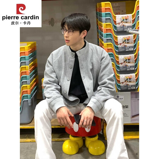 Pierre Cardin brand American retro gray Henry collar cardigan sweatshirt men's trendy brand high-end handsome cleanfit jacket light gray upgraded version M