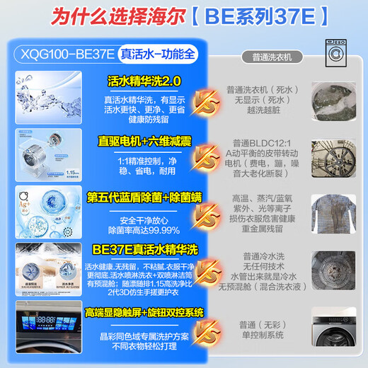Haier washing machine Yunxi 4.0 new product BE37E direct drive living water essence washing blue shield sterilization Ultra-thin drum washing machine fully automatic 10kg washing and drying state subsidy 20% washing and drying crystal color screen + direct drive living water essence washing + blue shield double sterilization + intelligent drying