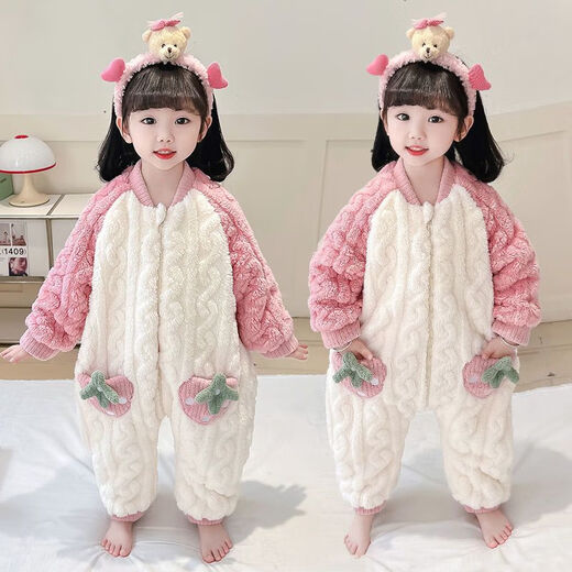 Girls sleeping bag one-piece coral winter thickened double layer baby autumn and winter children's flannel winter pajamas strawberry pink 90
